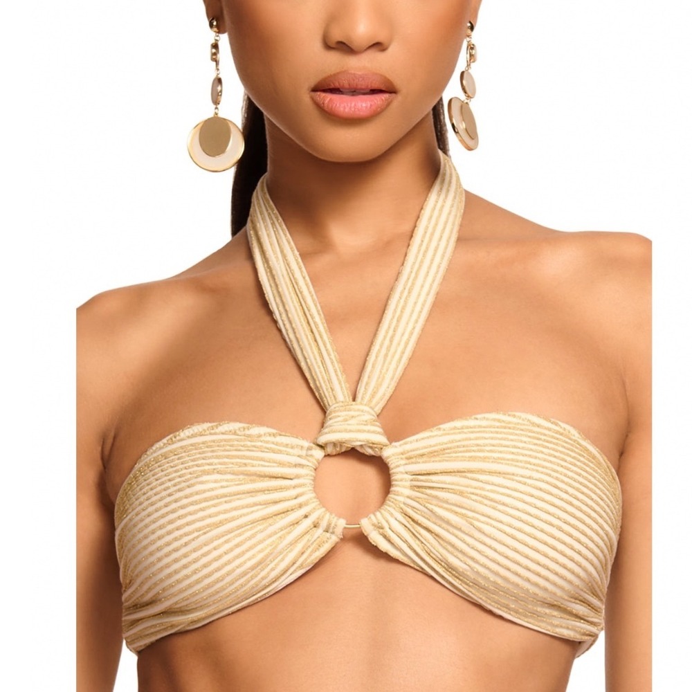 Ramy Brook Marie Textured Halter Bikini Top Gold Scallop Metallic XS NEW